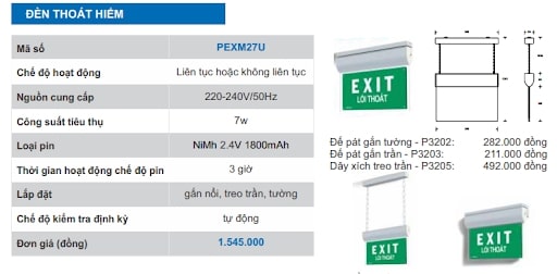 Thong so ky thuat ca den thoat hiem Exit PEXM27U Paragon