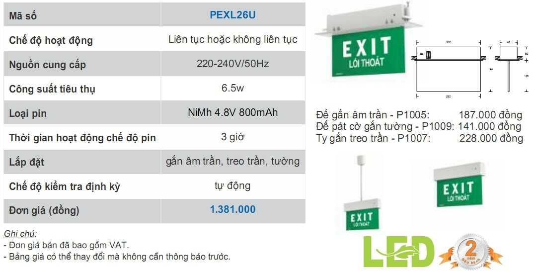 thong so ky thuat cua Den thoat hiem exit pexl26u paragon