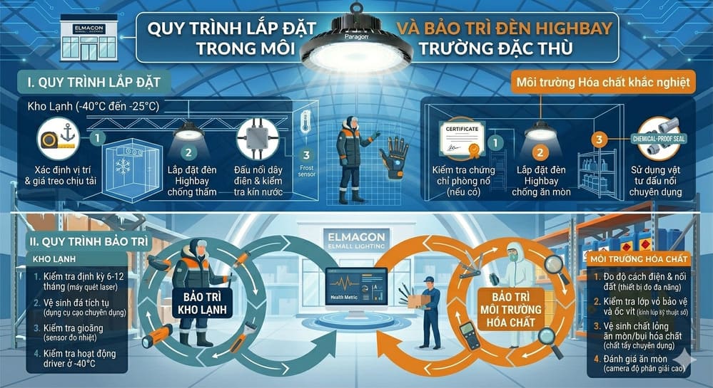 Chiếu sáng kho lạnh và môi trường hóa chất tại sao đèn Highbay Paragon là lựa chọn hàng đầu? 6 quy trinh lap dat den highbay paragon
